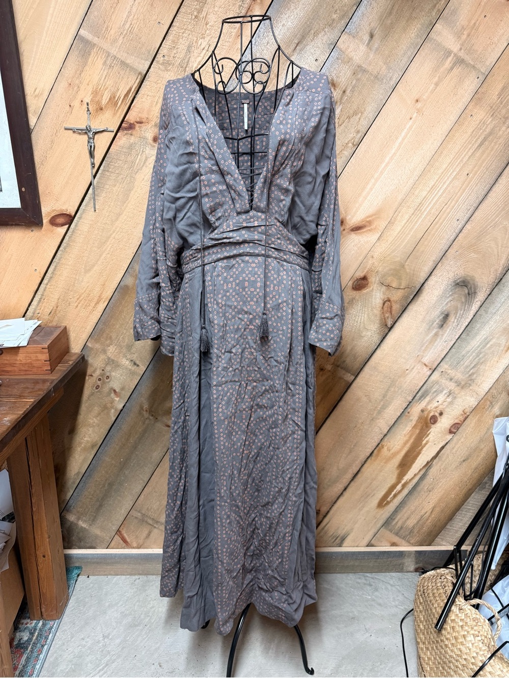 Free People Gray Maxi Dress with Subtle Tan Dot Print